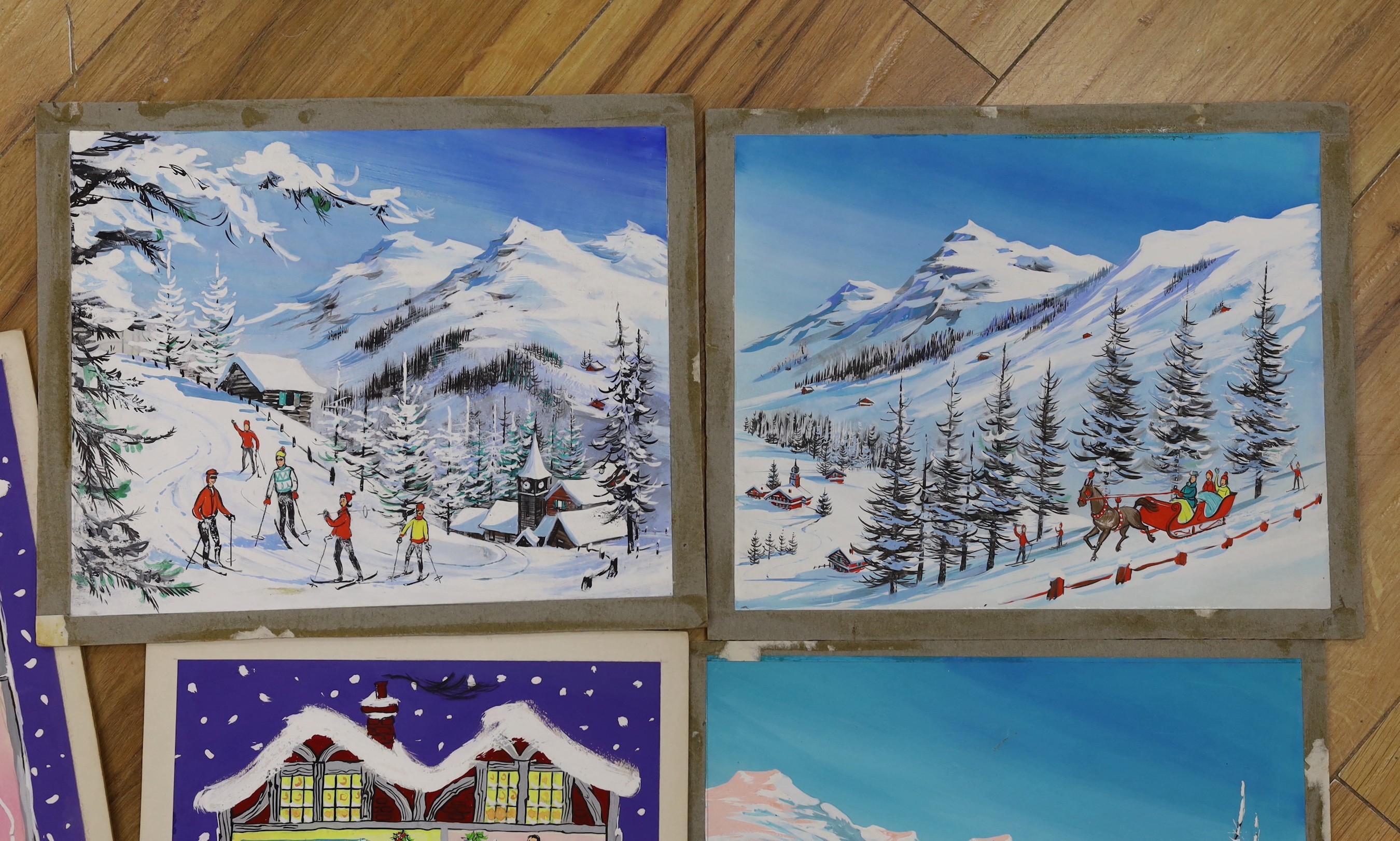 Veronica Venus, five gouaches, Vintage 1950's Christmas card artwork, 22 x 27cm, unframed